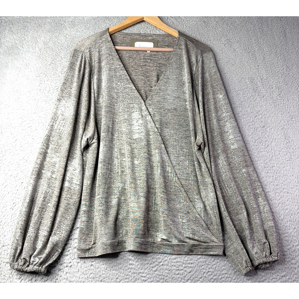 Anthropologie Top Womens Size XL Silver Metallic Carys Dolman V Neck Long Sleeve
